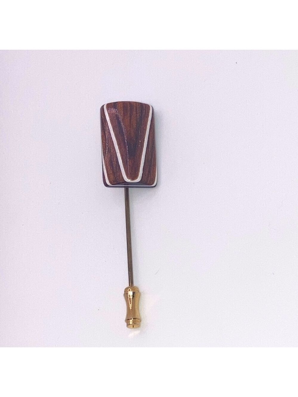 Vtg Brown Wood & White Inlay Stick Pin Lapel Pin Gold Tone 2.5”